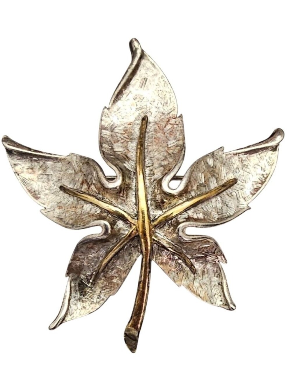 Oscar de la Renta Silver Tone Gold Tone Leaf Brooch Textured Pin Signed, J894